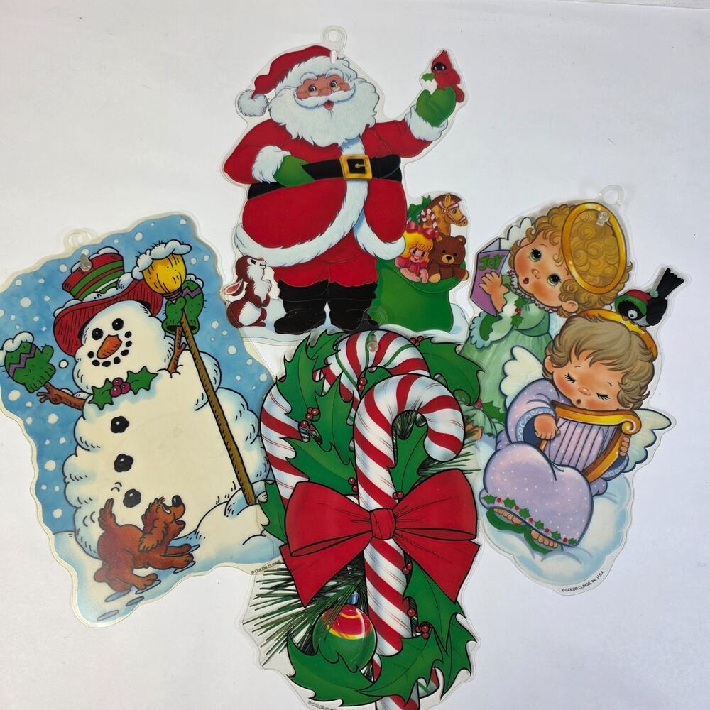 Vintage Color Clings Christmas Window Decorations Santa Angel Snowman USA Lot 4
